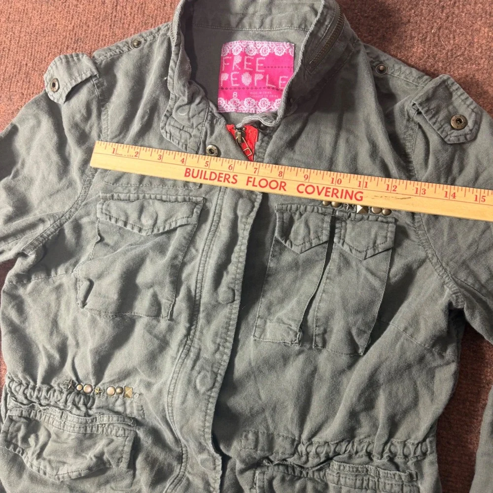 Free People Olive Green Linen Blend Military Utility Field Jacket Studded Size 8